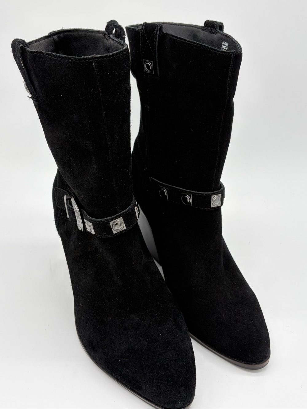 Lucky Brand Black Suede Mid-Calf Heeled Boots with Studded Strap